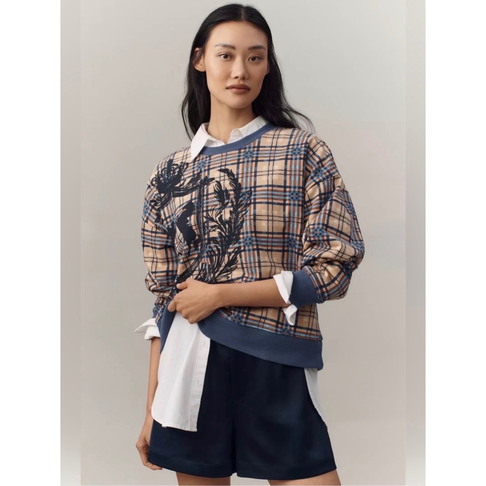 Maeve Anthropologie Graphic Plaid Floral Sweatshirt Cotton XXS